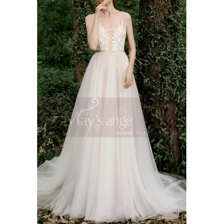 Robe De Mariage Champêtre Haut Sans Manche Dentelle Illusion