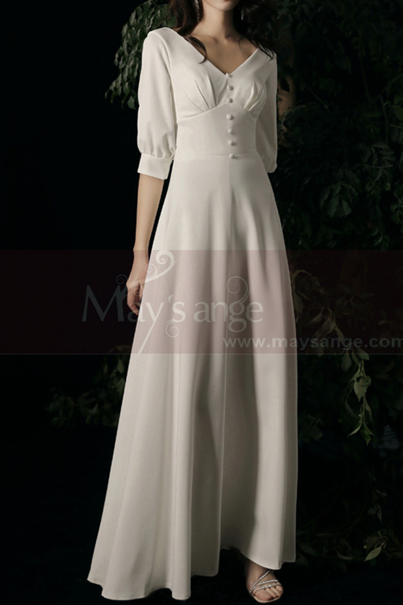 Robe Boheme Mariage Simple Avec Manche 3/4 Fermé Blanc cassé - Ref M1292 - 01