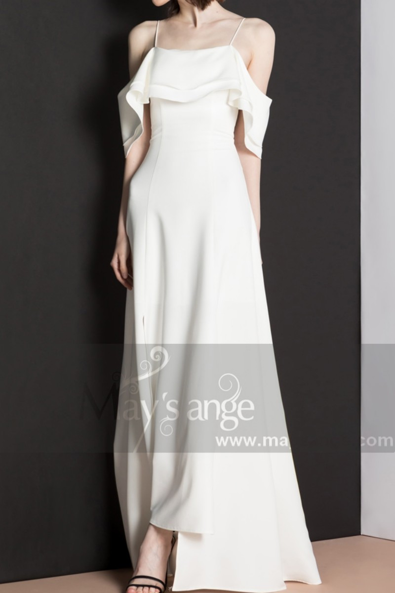 Fine Straps White Dress For Civil Wedding And Flounce Neck - Ref M1301 - 01
