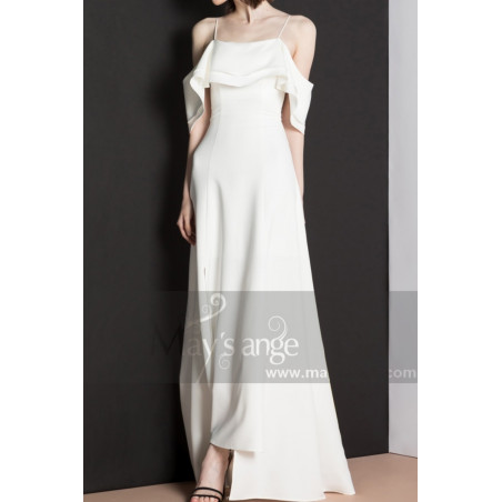 Robe Mariage Civil Simple Blanc Bretelle Et Décolleté Volant
