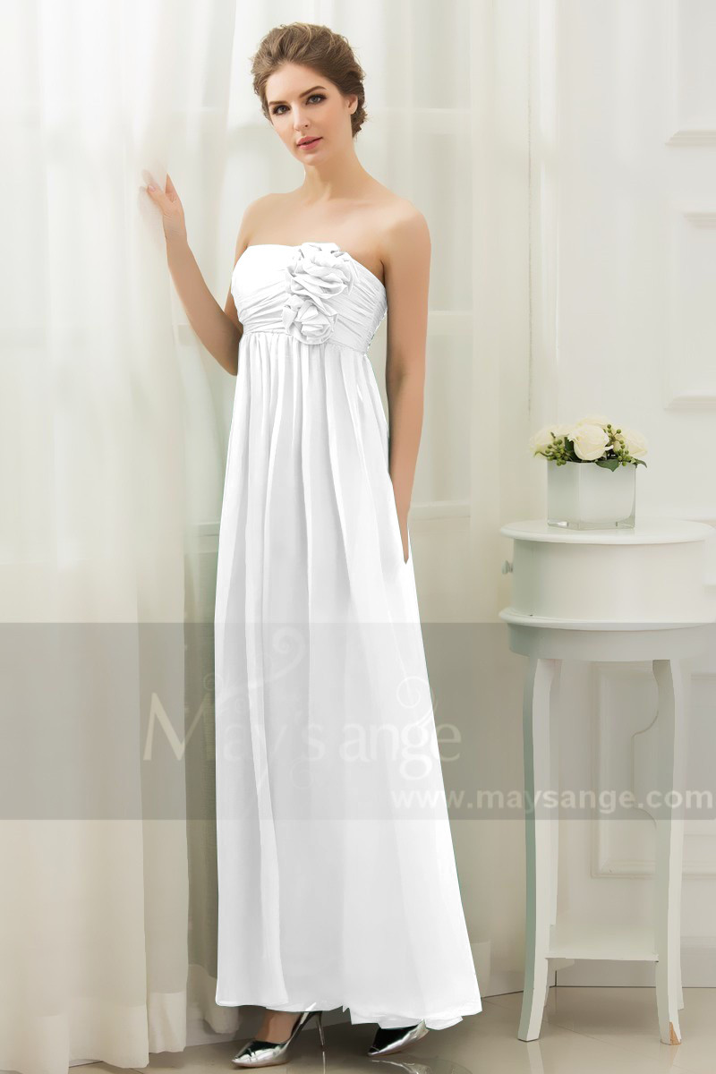 Empire Long Chiffon Strapless White Bridal Gown With Flowers - Ref M1309 - 01