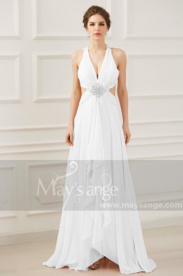 Robe Longue Pour Mariage Blanche A Découpe Dos Nu Dentelle - M1311 #1