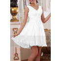 Satin Belt Draped V Neck Short White Dress For Civil Wedding - Ref M1313 - 02