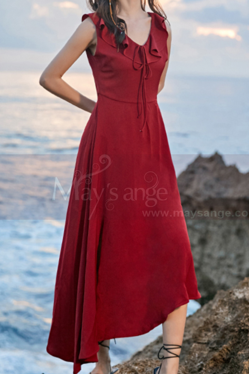 Red Summer Party Dress Asymmetric Skirt And Beautiful V Neck - Ref C2023 - 01 Red Summer Party Dress Asymmetric Skirt And Beautiful V Neck - Ref C2023 - 01