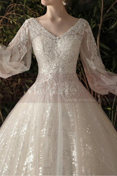 Gorgeous V Lace Sparkling Neckling Long Sleeve Wedding Dress - M1304 #1