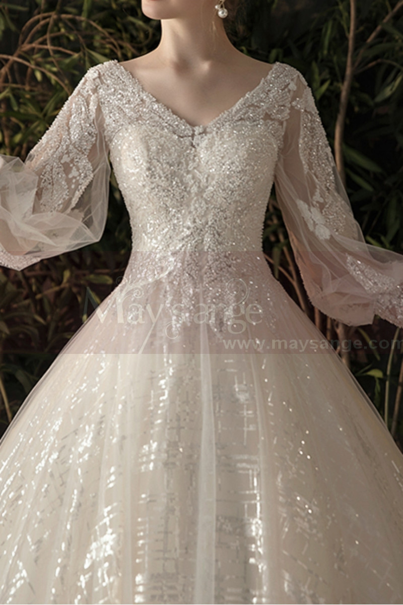 Robe De Mariée Manches Longues Dentelle - Col V - Longue Traîne - Polyester - Pour Femme