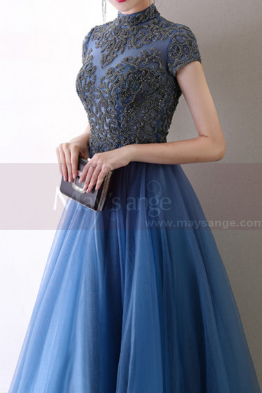 Blue Formal Dresses With Classy Top Lace And Short Sleeves - L2045 #1