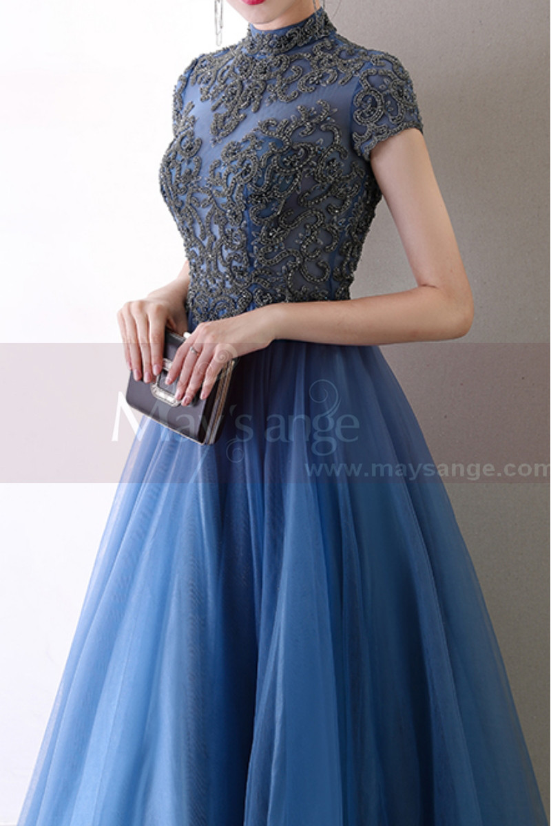 Tenue Chic Soiree Femme Bleu Avec Haut En Dentelle A Manches - Ref L2045 - 01