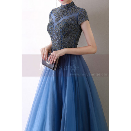 Blue Formal Dresses With Classy Top Lace And Short Sleeves