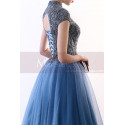 Tenue Chic Soiree Femme Bleu Avec Haut En Dentelle A Manches - Ref L2045 - 04