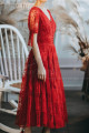 Lace Short Red Vintage Style Dress With V Neck And Sleeves - Ref L2054 - 02