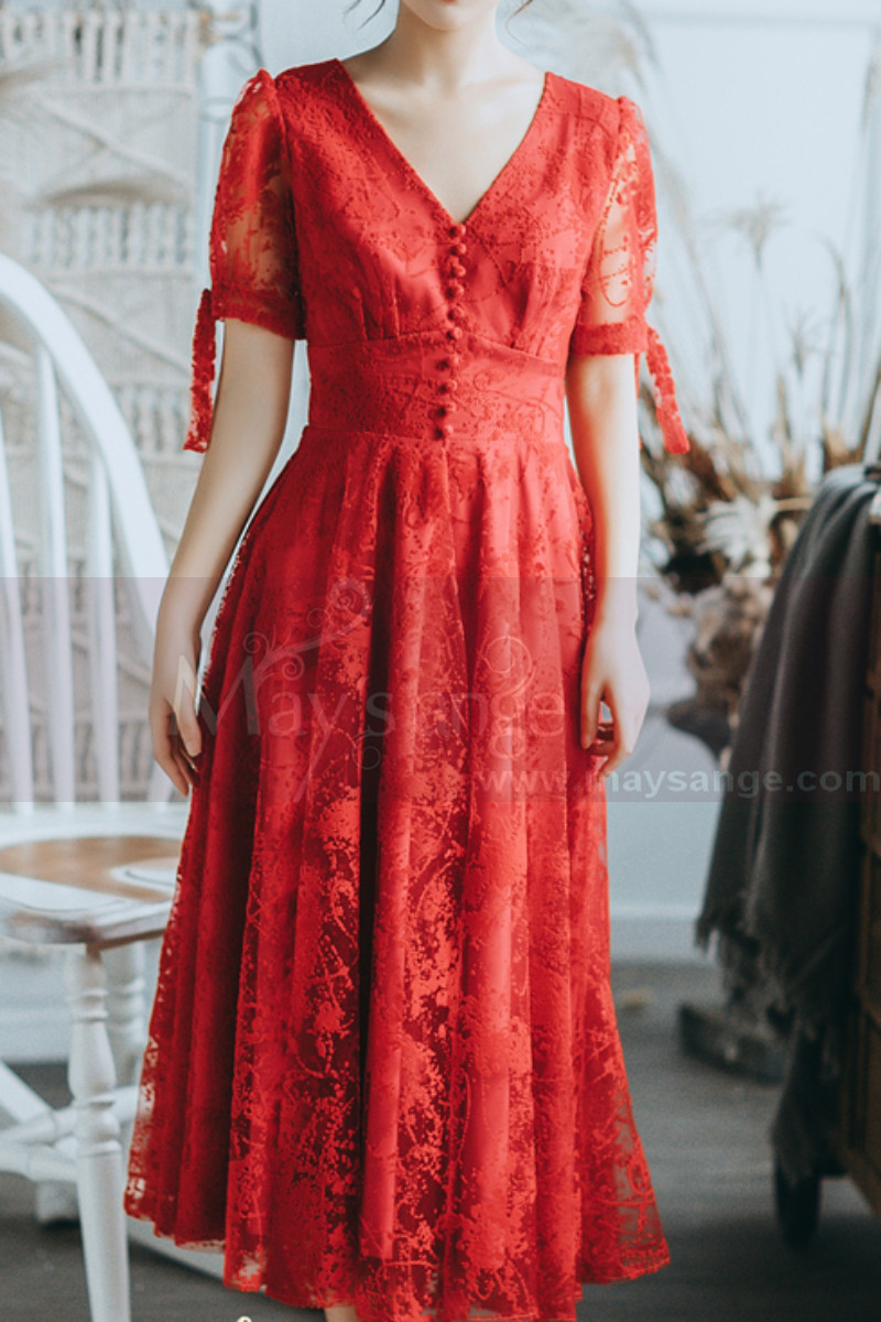 Lace Short Red Vintage Style Dress With V Neck And Sleeves - Ref L2054 - 01