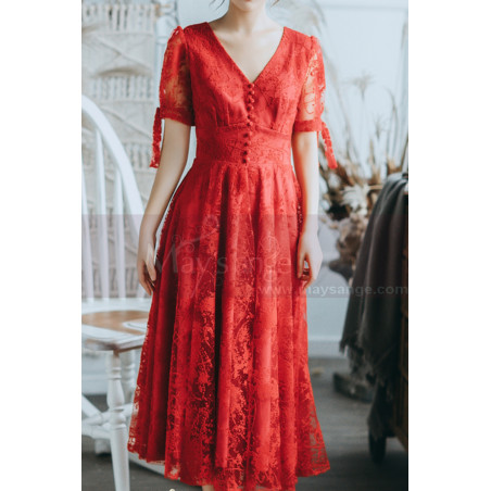 Lace Short Red Vintage Style Dress With V Neck And Sleeves