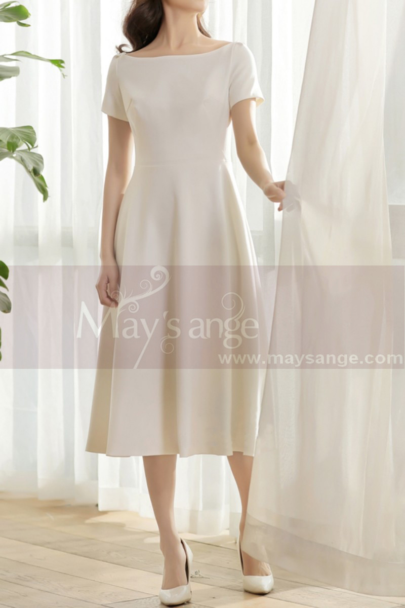 Thick Satin Off White Classy Wedding Dress With Short Sleeves - Ref M1308 - 01