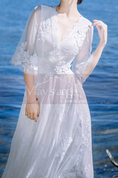 Long Sleeves Bohemian Lace Wedding Dress Scalloped Neckline - M1310 #1