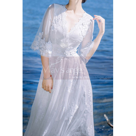 Long Sleeves Bohemian Lace Wedding Dress Scalloped Neckline