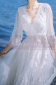 Long Sleeves Bohemian Lace Wedding Dress Scalloped Neckline - Ref M1310 - 04