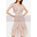 Short Chiffon Pink Cocktail Dress Ruffle Neckline And Skirt - Ref C2030 - 02