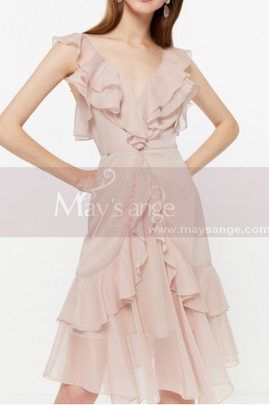 Short Chiffon Pink Cocktail Dress Ruffle Neckline And Skirt - C2030 #1