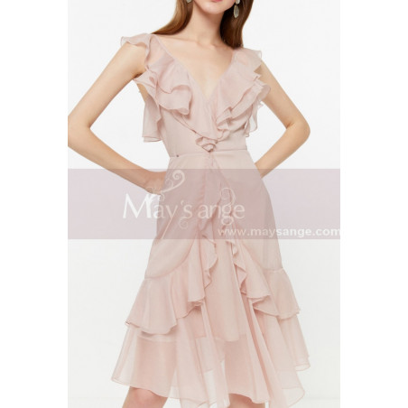 Short Chiffon Pink Cocktail Dress Ruffle Neckline And Skirt