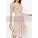 Short Chiffon Pink Cocktail Dress Ruffle Neckline And Skirt - Ref C2030 - 03
