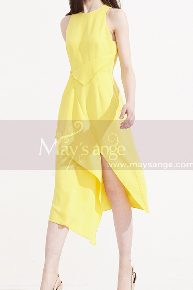 Pretty Cocktail Yellow Summer Dress With Trendy Cutout Skirt - Ref C2033 - 01