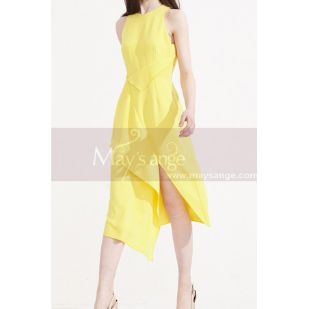 robe-cocktail-jaune-pastel-avec-sa-jupe-a-d-coupe-tendance-ref-c2033