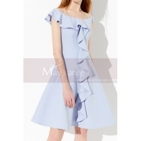 Ruffle Bardot Neckline Trendy Pastel Dress For Cocktail Party