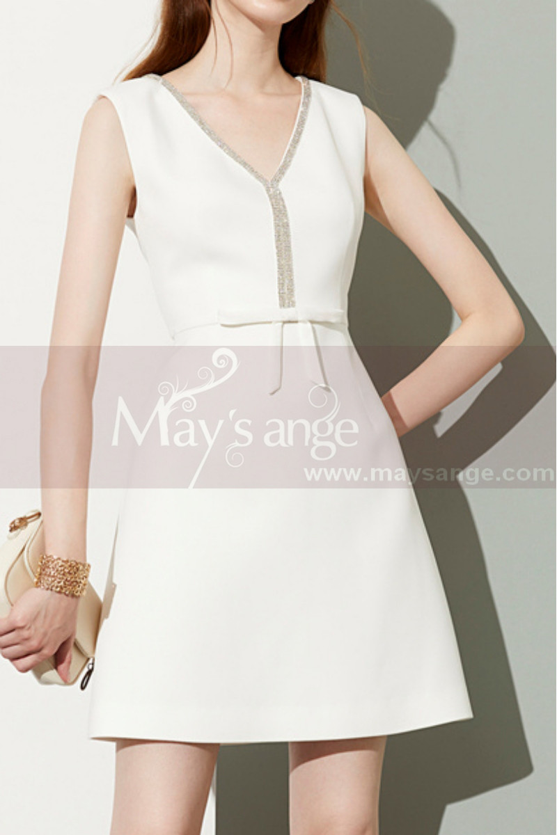 Short White Classy Dresses Satin With Pretty Glitter V Neck - Ref C2035 - 01