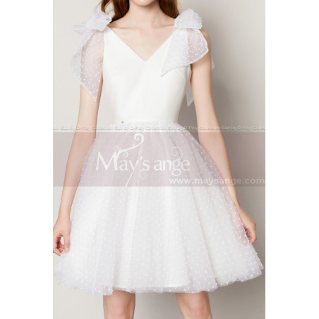White Ball Gown Prom With Tulle Puffy Skirt And Bow Straps