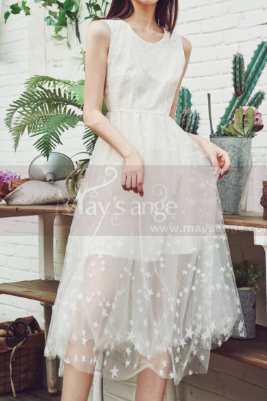 Sleeveless Casual White Dress With Tulle Starry Midi Skirt - C2039 #1