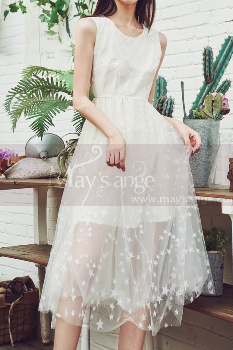 Sleeveless Casual White Dress With Tulle Starry Midi Skirt - Ref C2039 - 01