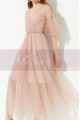 Robe Longue Cocktail Pas Cher Rose A Manches Transparentes - Ref C2041 - 02