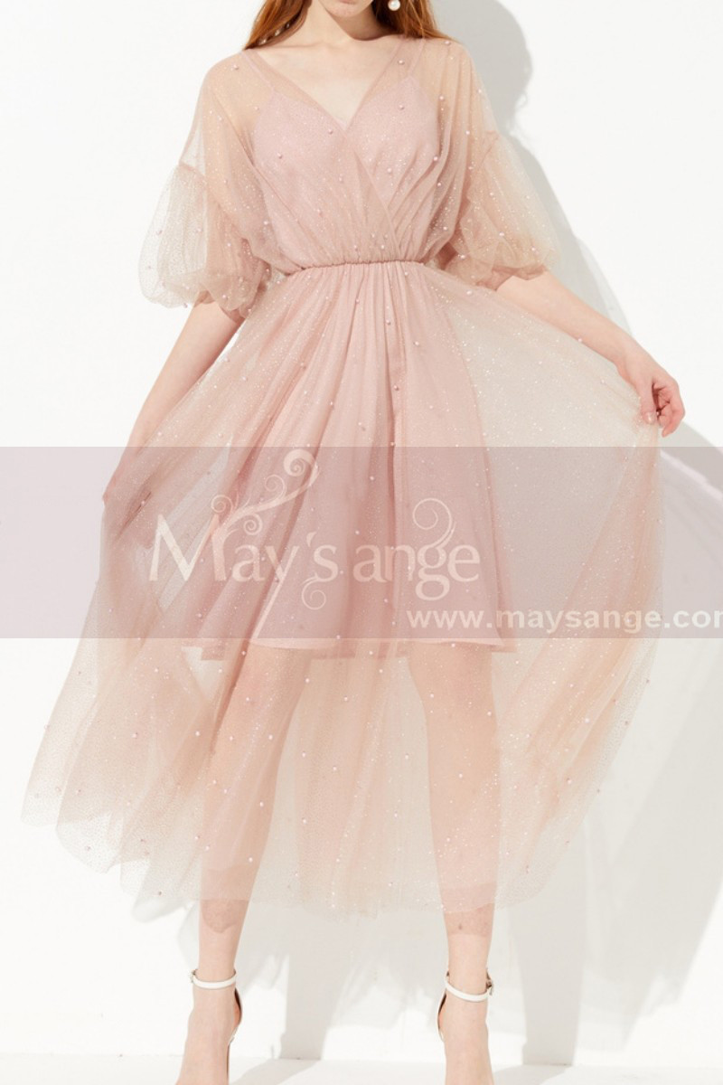 Pink Sheer Sleeves Party Dresses For Women With Short Lined - Ref C2041 - 01