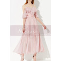 Robe Cocktail Eté Rose Mousseline Haut A Bretelles Et Volants - Ref C2043 - 02