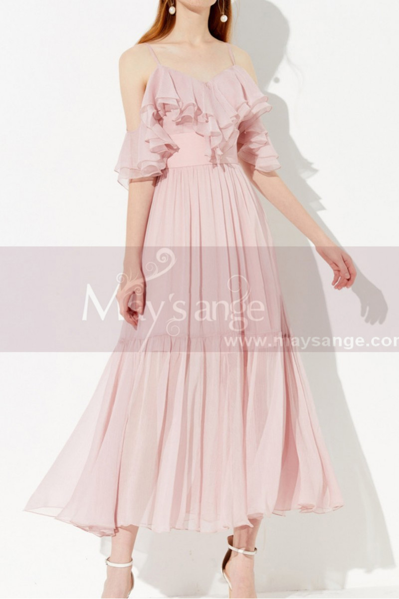 Robe Cocktail Eté Rose Mousseline Haut A Bretelles Et Volants - Ref C2043 - 01