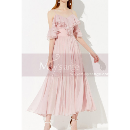 Robe Cocktail Eté Rose Mousseline Haut A Bretelles Et Volants