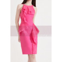 Robe Cocktail Droite Pas Cher Rose Fuschia Courte A Volant - Ref C2047 - 02