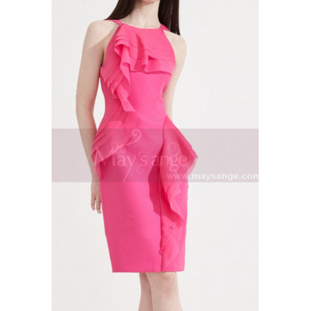 Robe Cocktail Droite Pas Cher Rose Fuschia Courte A Volant