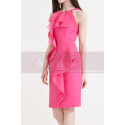 Robe Cocktail Droite Pas Cher Rose Fuschia Courte A Volant - Ref C2047 - 03