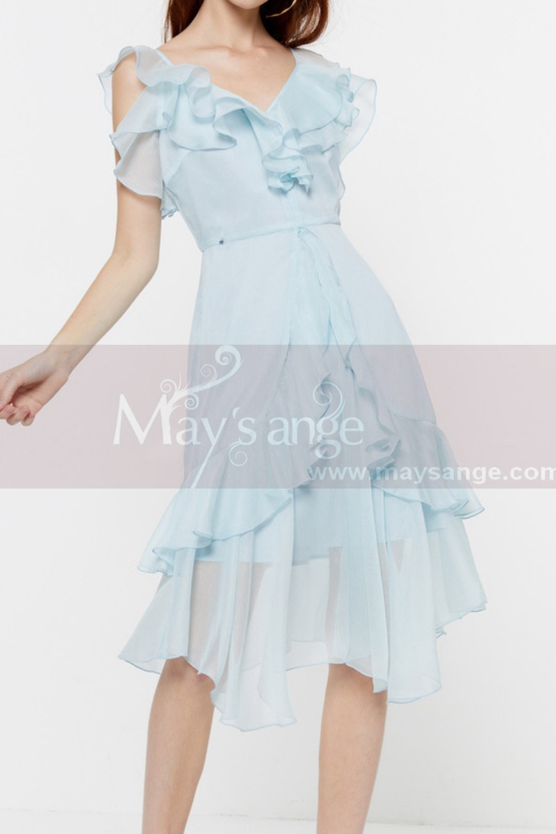 Light Blue Sky Short Cheap Summer Dress Chiffon With Ruffle - Ref C2049 - 01