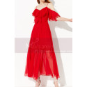 Robe De Soirée Rouge Vif Longue Légère A Bretelles Et Volant - Ref L2048 - 02