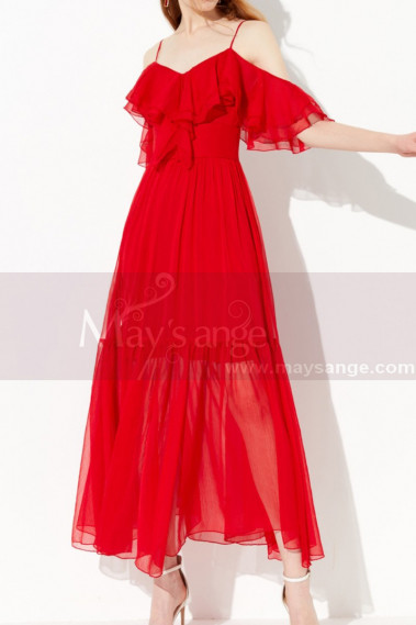 Robe De Soirée Rouge Vif Longue Légère A Bretelles Et Volant - L2048 #1