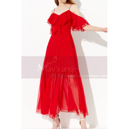 Pretty Ruffle And Straps Light Summer Long Red Dress Chiffon