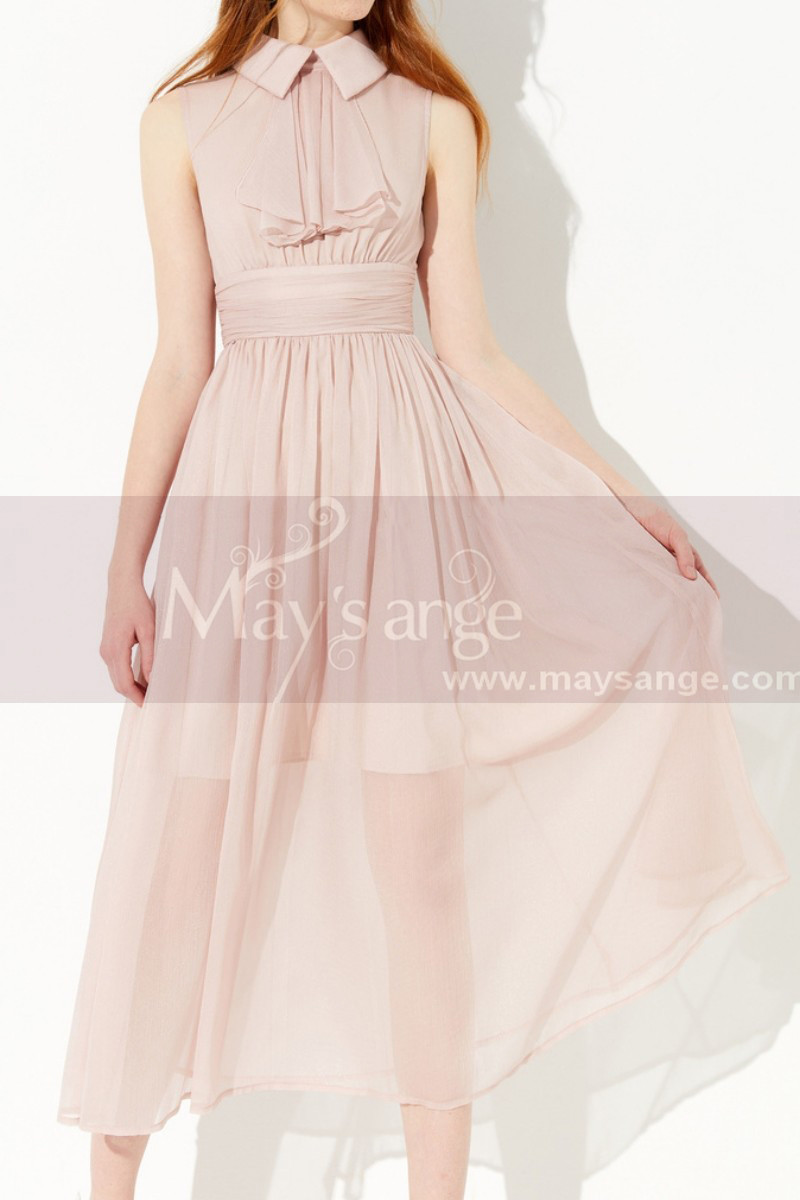 Pink Sleeveless Peter Pan Collar Prom Dress With Draped Belt - Ref L2050 - 01