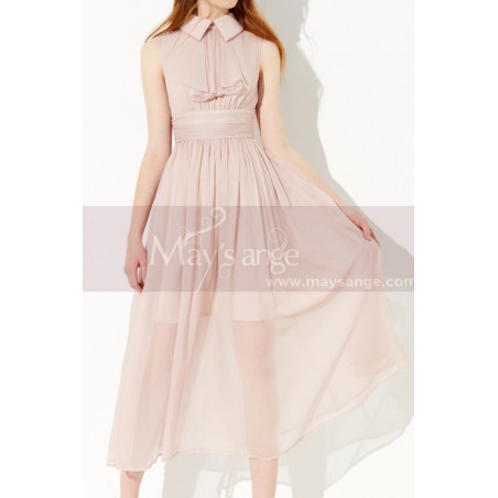 Pink Sleeveless Peter Pan Collar Prom Dress With Draped Belt