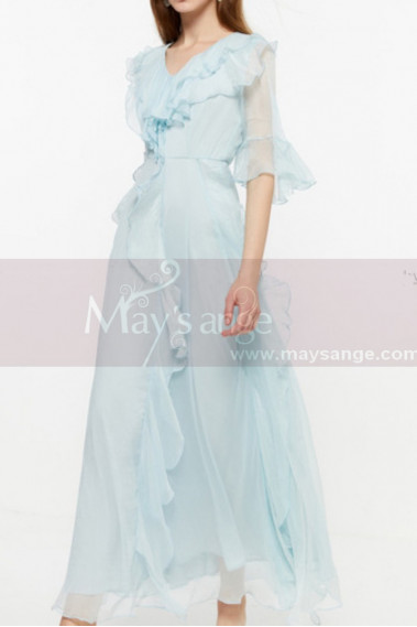 Chiffon Light Blue Long Bohemian Attire For Women With Sleeve - L2051 #1