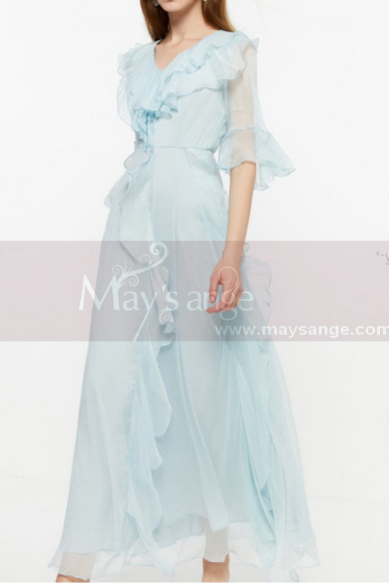 Chiffon Light Blue Long Bohemian Attire For Women With Sleeve - Ref L2051 - 01