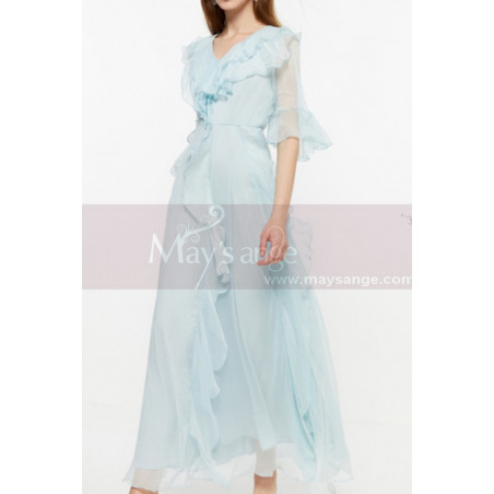 Robe De Soirée Bohème Chic Bleu Ciel A Manches En Mousseline