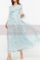 Robe De Soirée Bohème Chic Bleu Ciel A Manches En Mousseline - Ref L2051 - 04